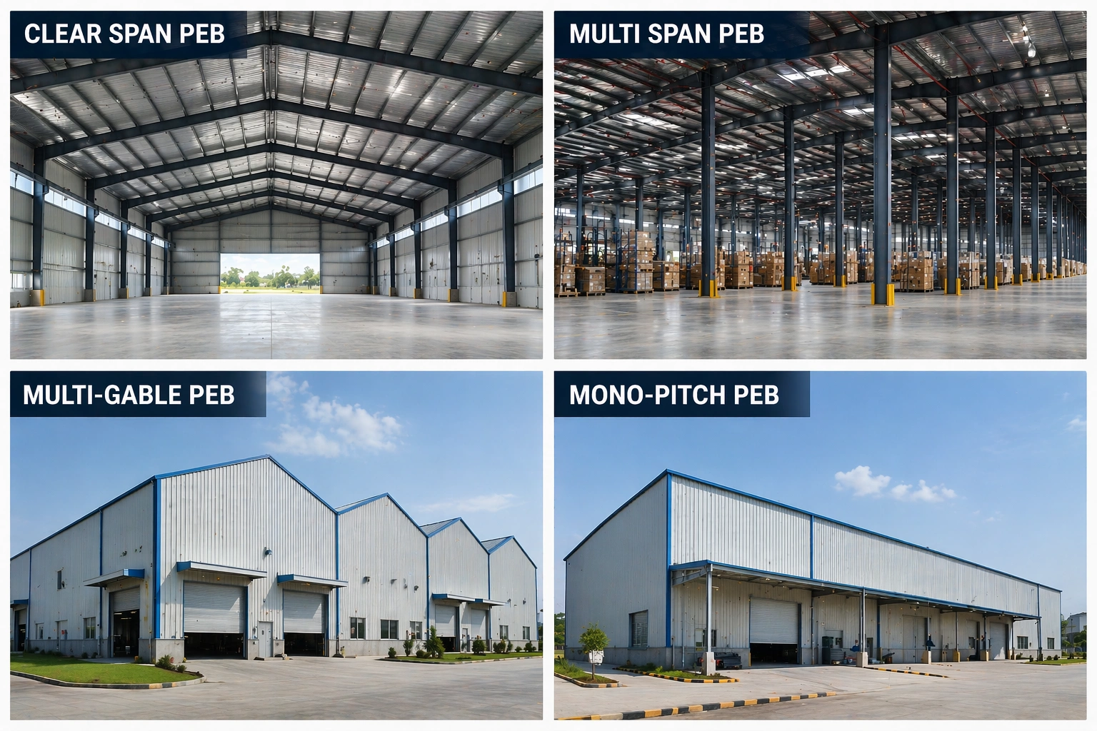Clear span PEB structure warehouse with column-free interior, designed for maximum space utilization and efficient industrial operations