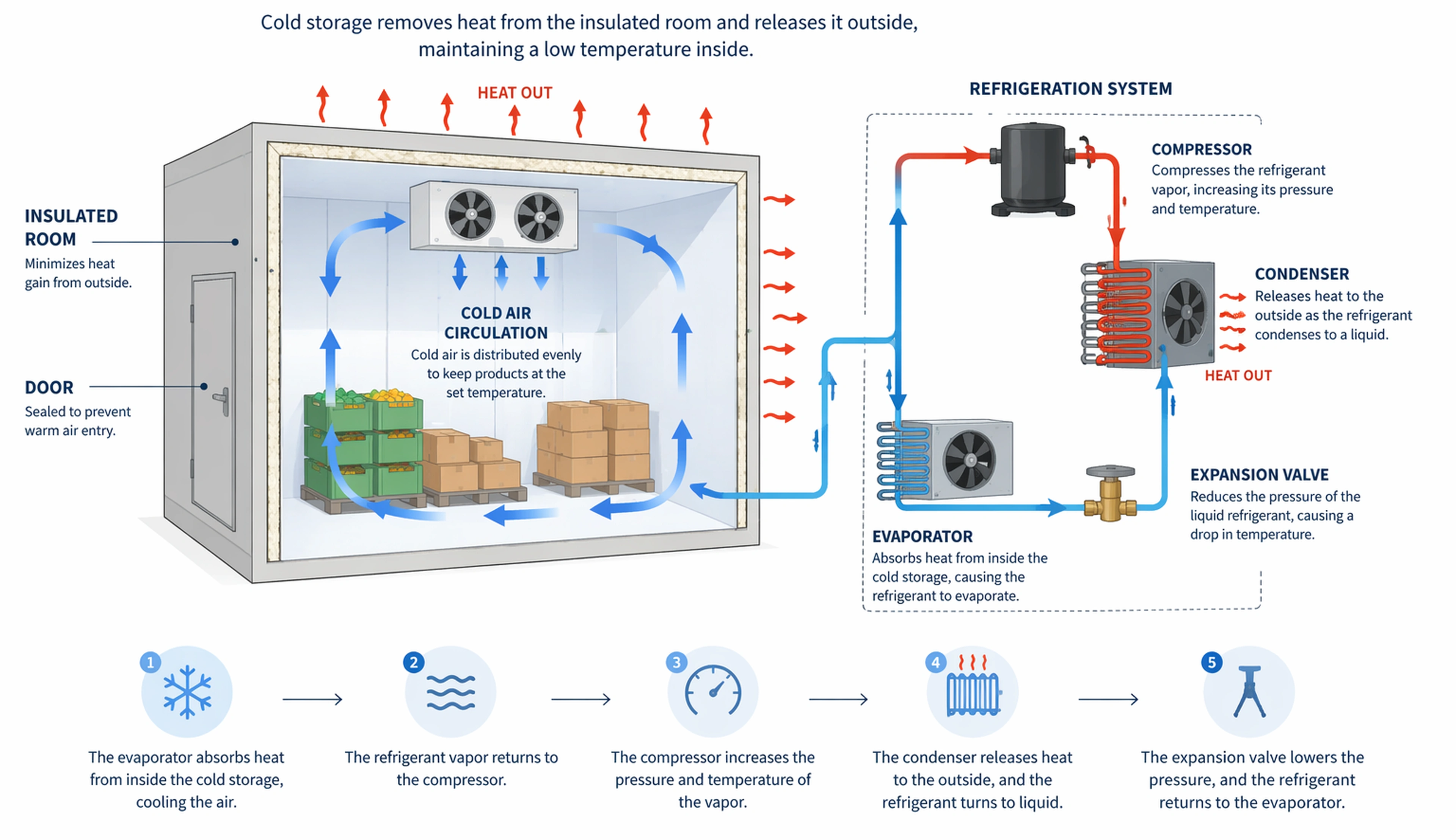 Refrigeration cycle in cold storage showing compressor, condenser and evaporator operation visually