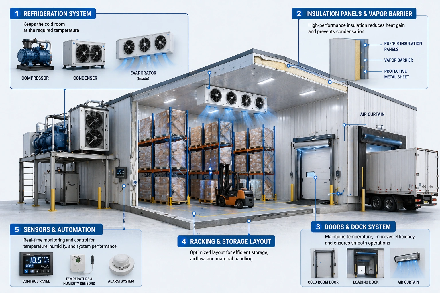 Cold storage heat load and refrigeration cycle diagram showing airflow, insulation, transmission load and product load in cold room design