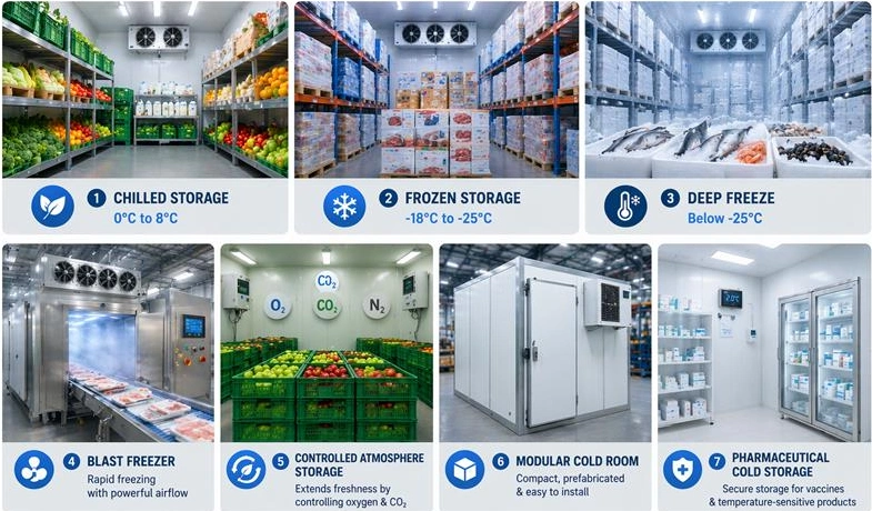 Different types of cold storage systems explained including chilled, frozen, blast freezer and pharmaceutical storage solutions