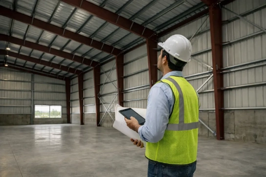 Engineer reviewing purlins and bracing system inside pre engineered steel building