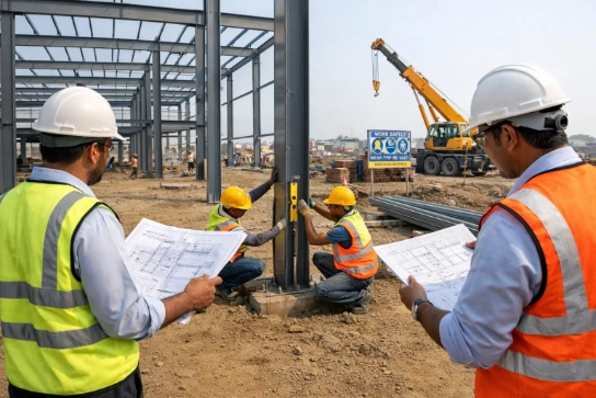 Engineers and skilled workers coordinating precise PEB steel structure installation at industrial site