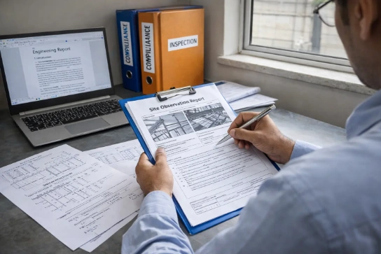 Engineer reviewing structural inspection and compliance documentation
