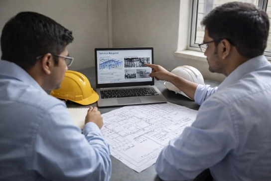 Engineer reviewing service request and structural issue documentation